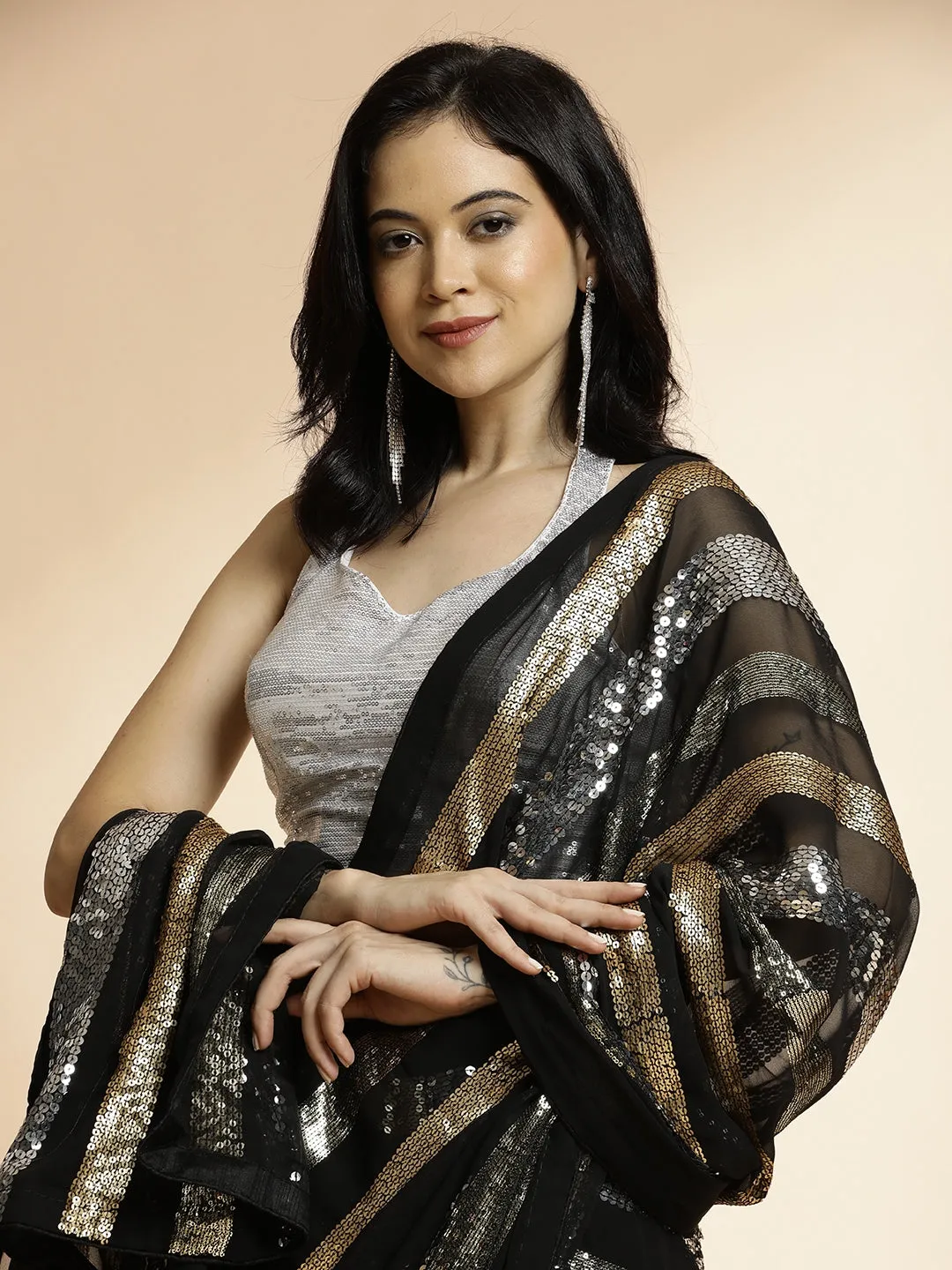 Pure Georgette Sequin Work Heavy Black Saree