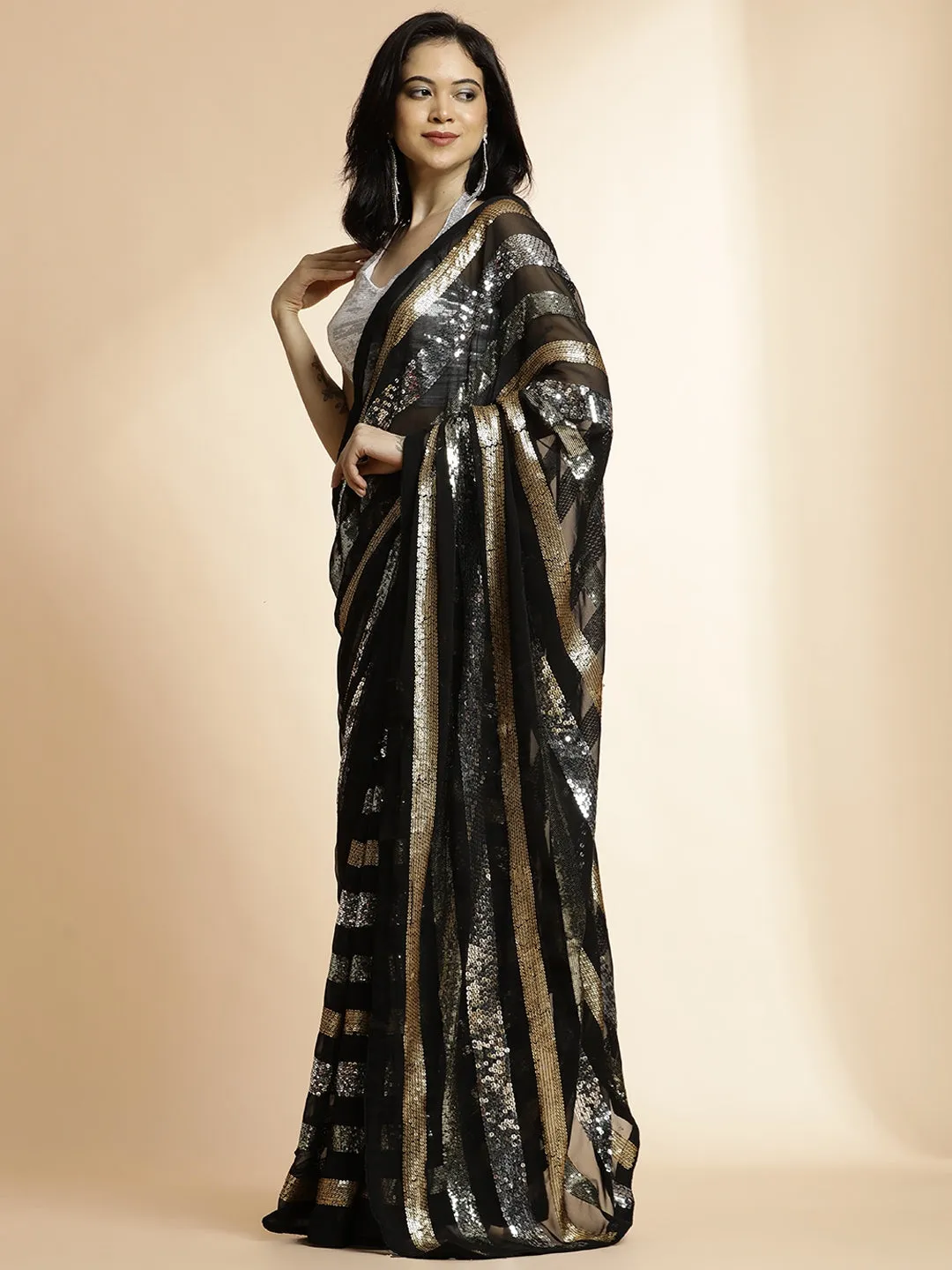 Pure Georgette Sequin Work Heavy Black Saree