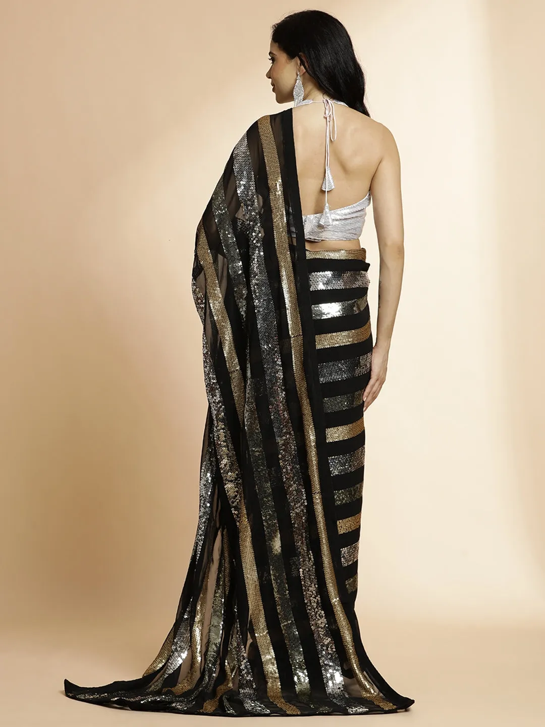 Pure Georgette Sequin Work Heavy Black Saree