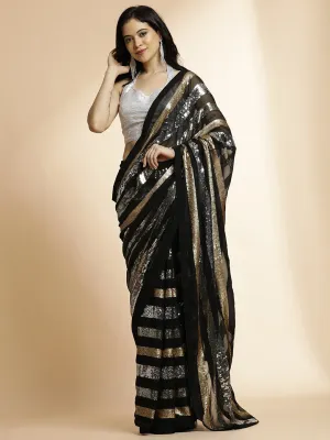 Pure Georgette Sequin Work Heavy Black Saree