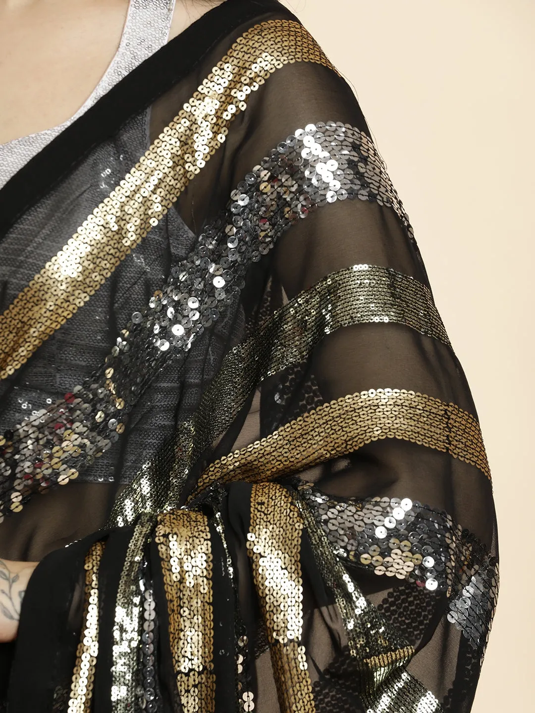 Pure Georgette Sequin Work Heavy Black Saree