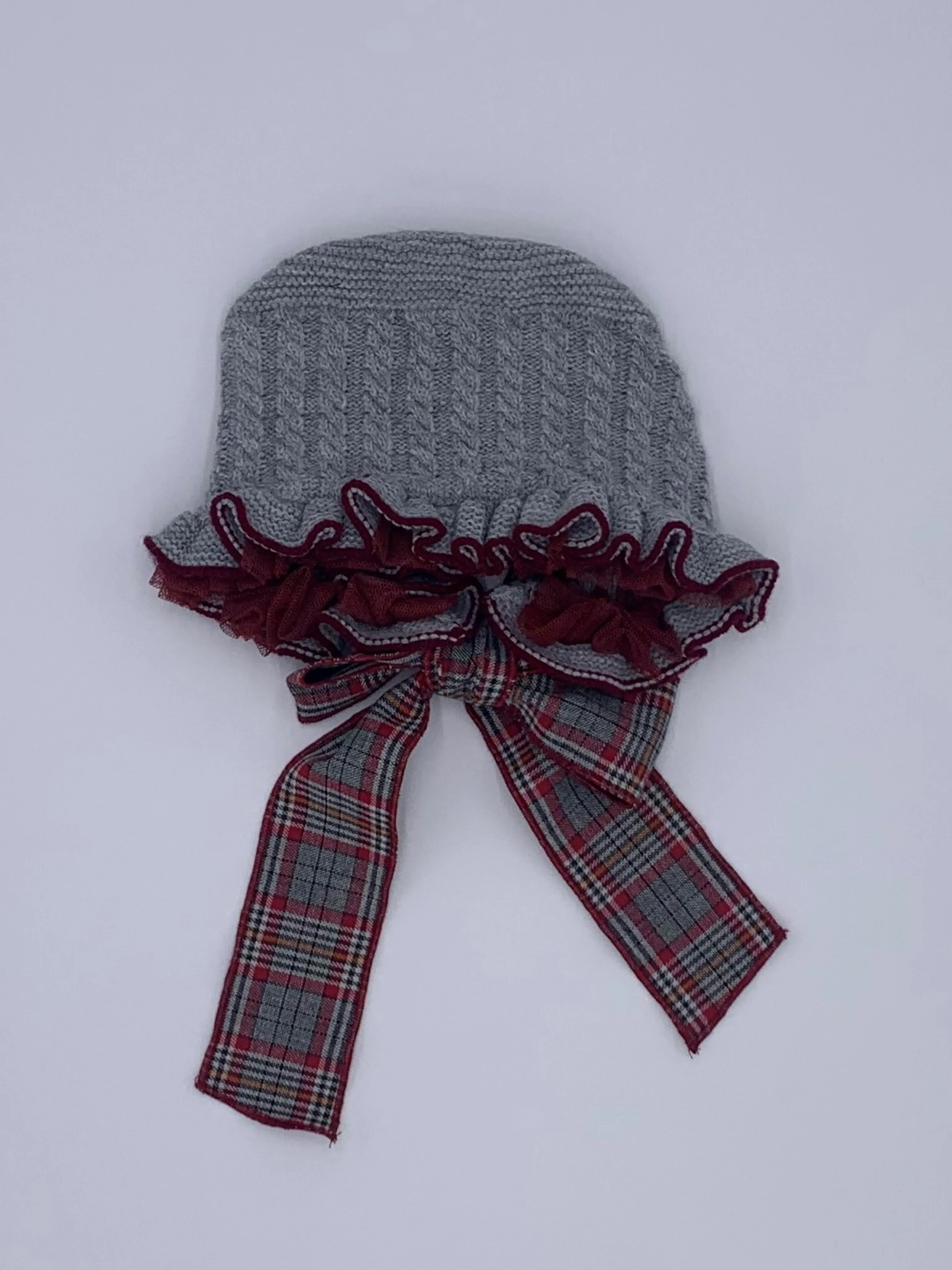 Rahigo Grey & Red Plaid Ruffle Knitted Bonnet