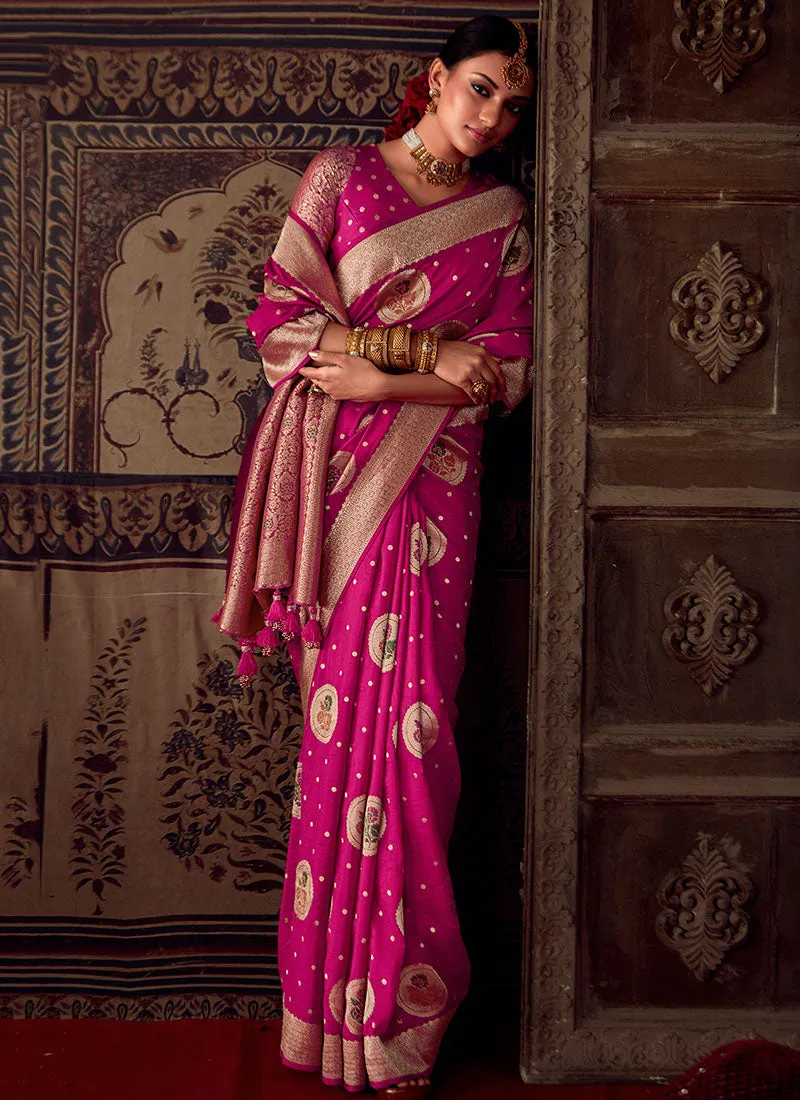 Rani Pink Zari Weaved Banarasi Crape Georgette Saree