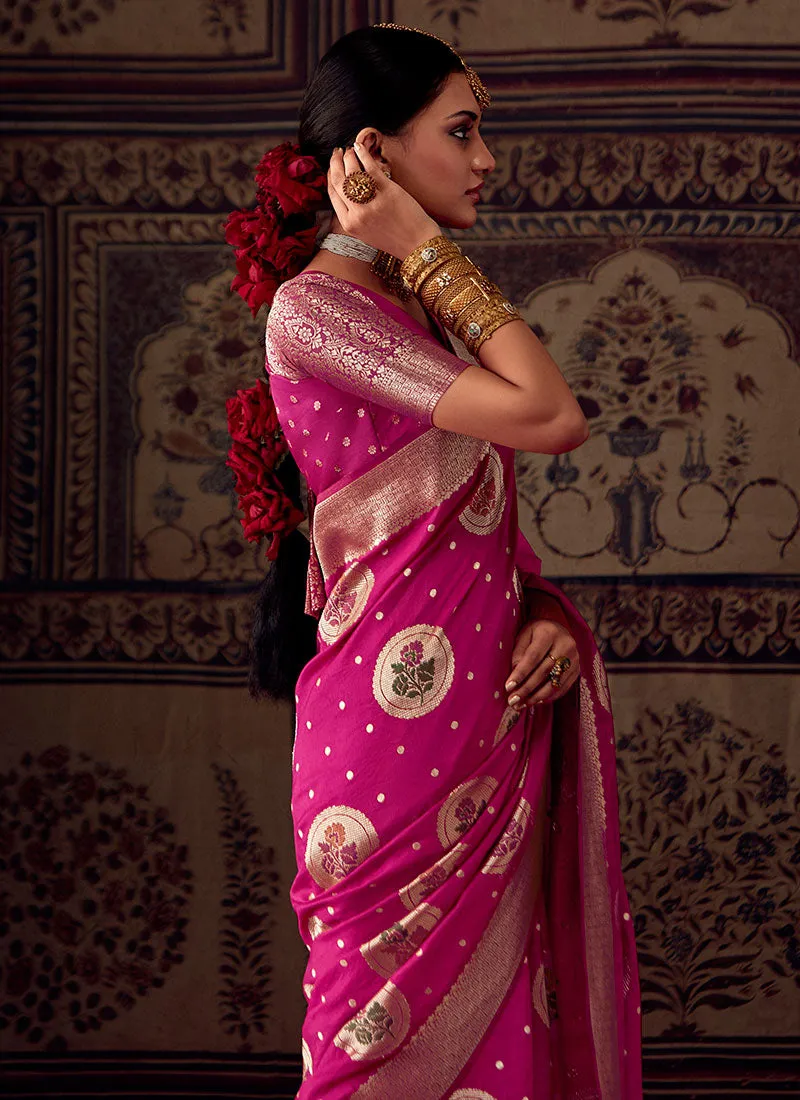 Rani Pink Zari Weaved Banarasi Crape Georgette Saree