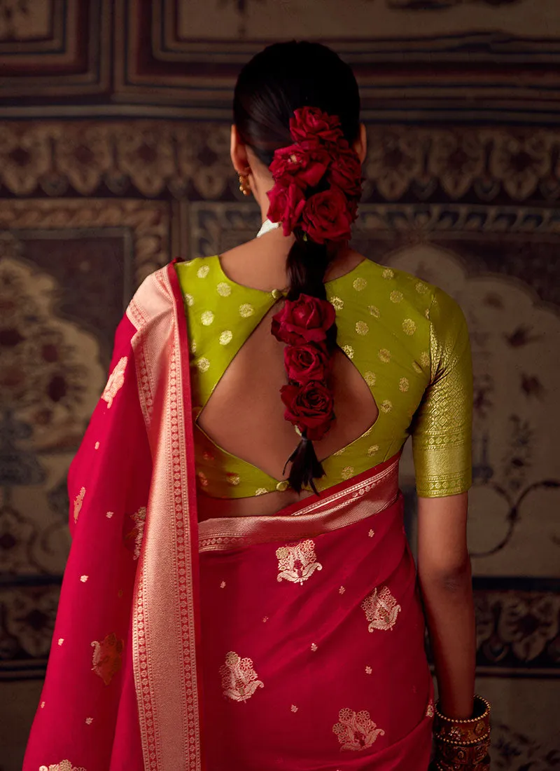 Red And Green Zari Weaved Banarasi Crape Georgette Saree