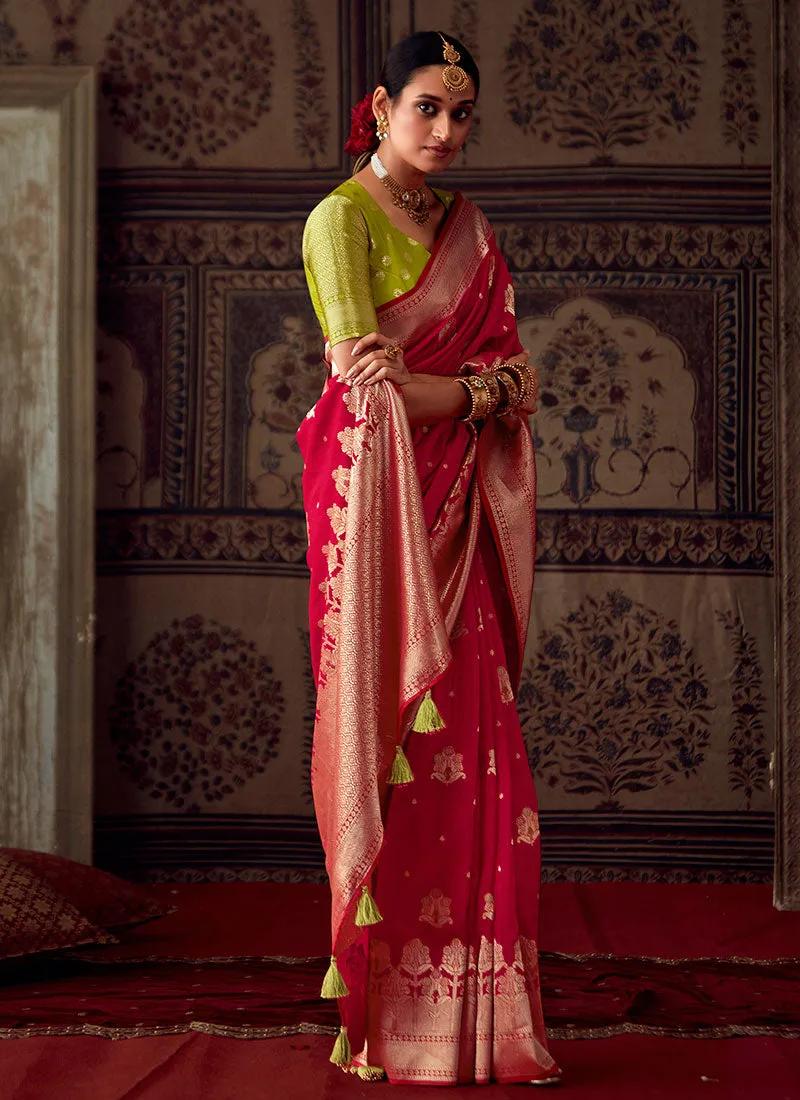 Red And Green Zari Weaved Banarasi Crape Georgette Saree