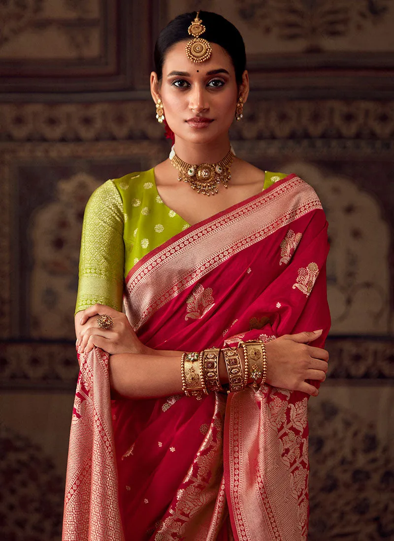 Red And Green Zari Weaved Banarasi Crape Georgette Saree
