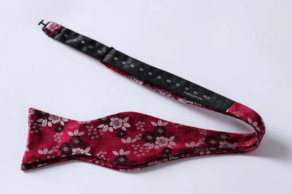 Red Silver Floral Check Mens Silk Self tie Bow Tie with Pocket Squares Set