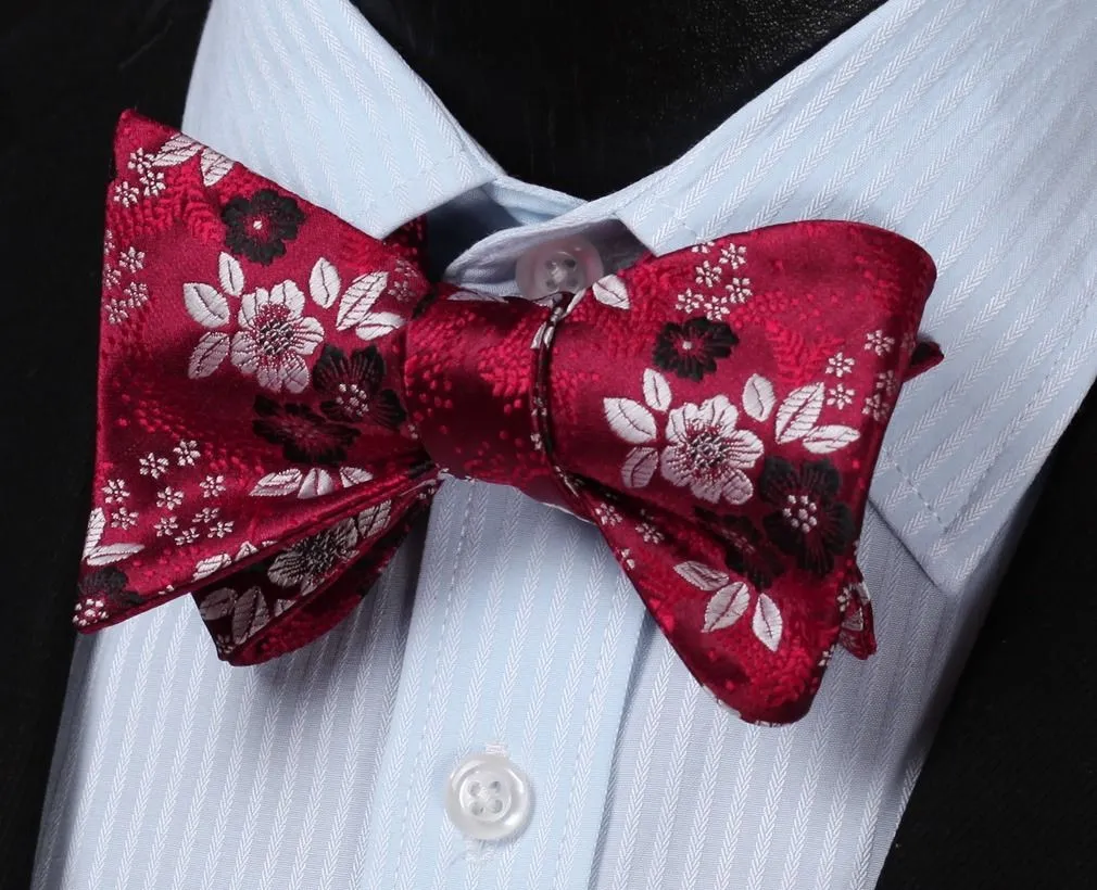Red Silver Floral Check Mens Silk Self tie Bow Tie with Pocket Squares Set