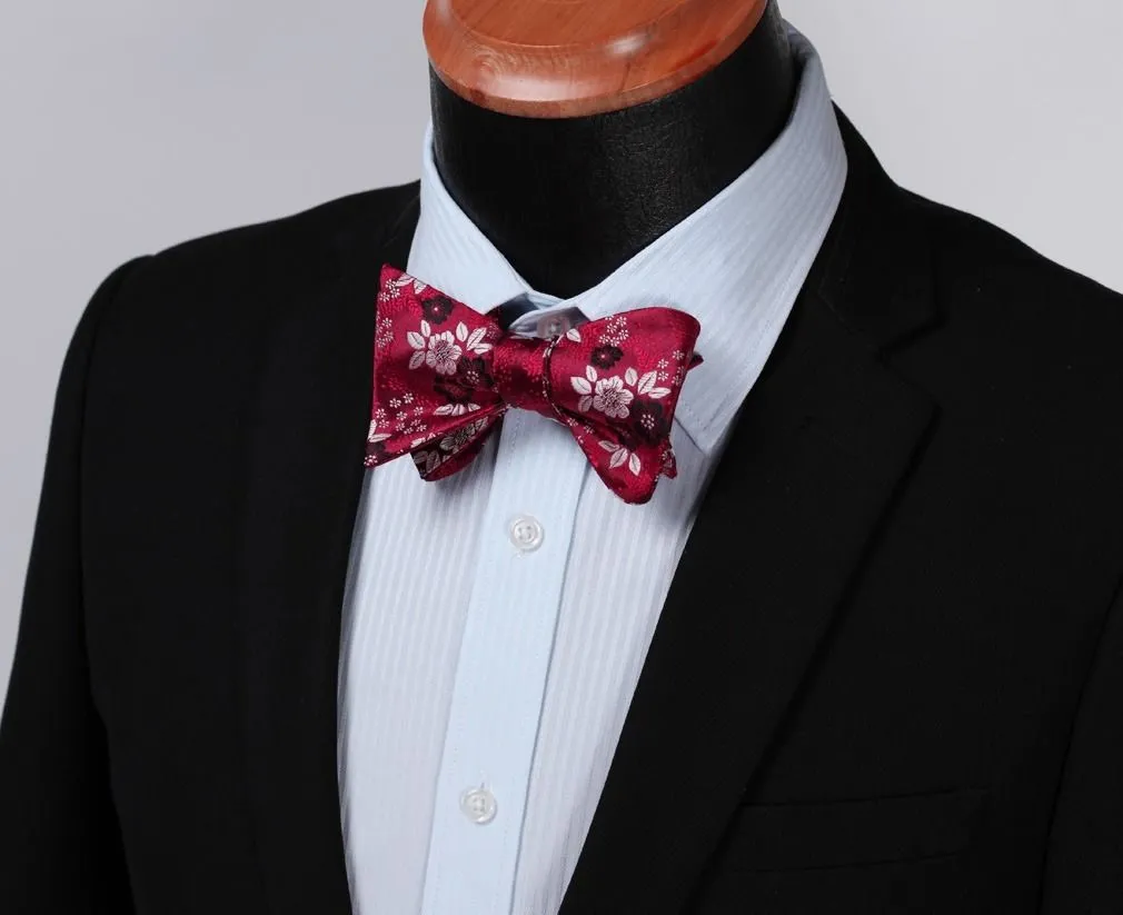 Red Silver Floral Check Mens Silk Self tie Bow Tie with Pocket Squares Set