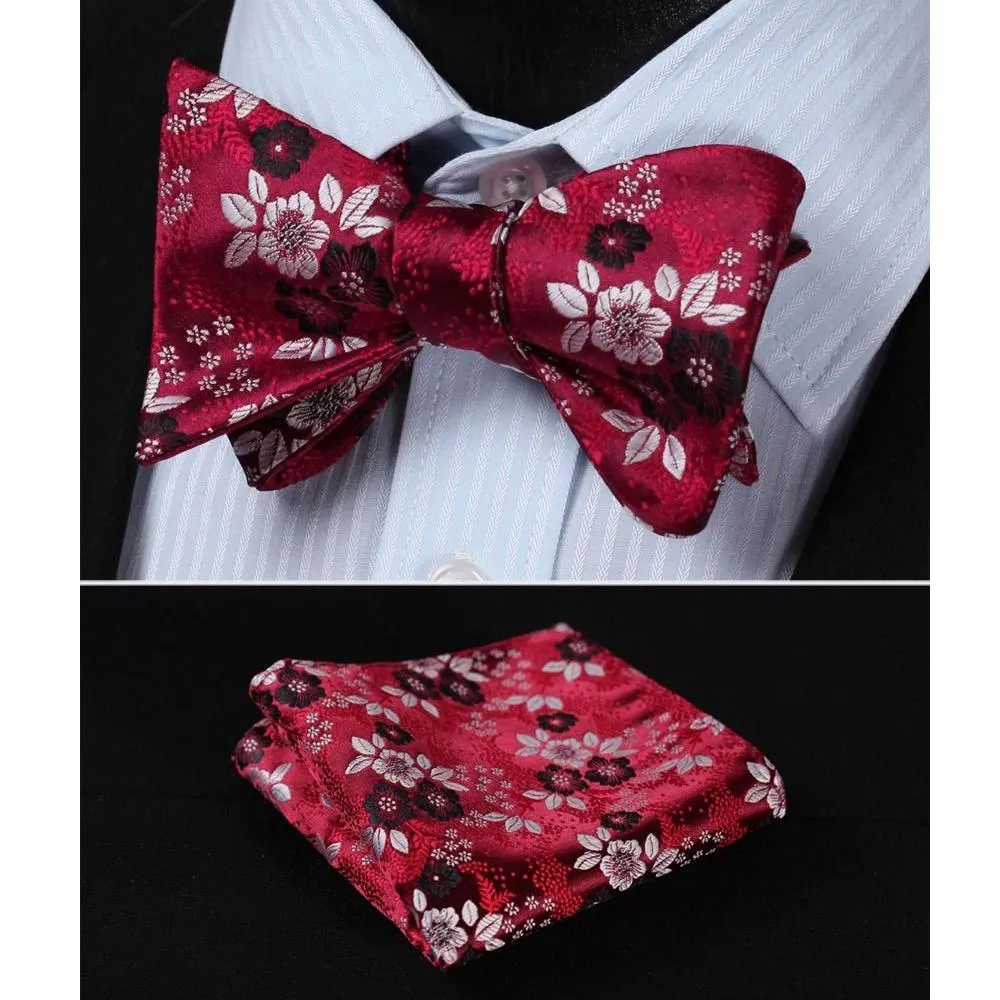 Red Silver Floral Check Mens Silk Self tie Bow Tie with Pocket Squares Set