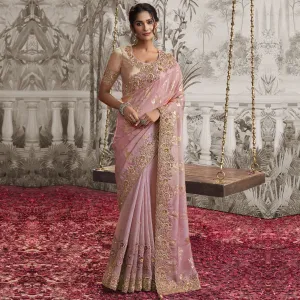 Rose Pink Zardozi Saree with Gold Detailing