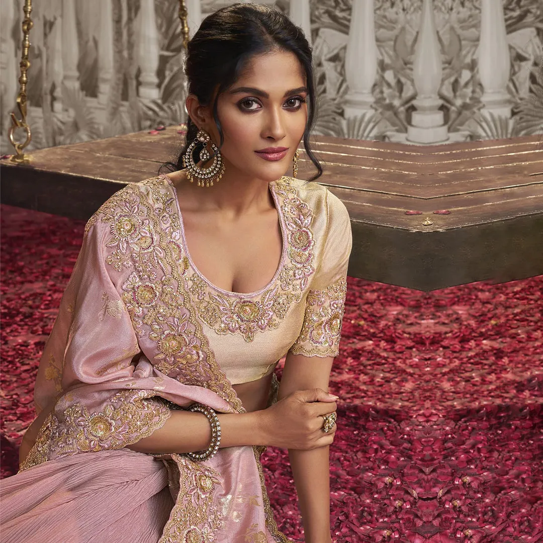 Rose Pink Zardozi Saree with Gold Detailing