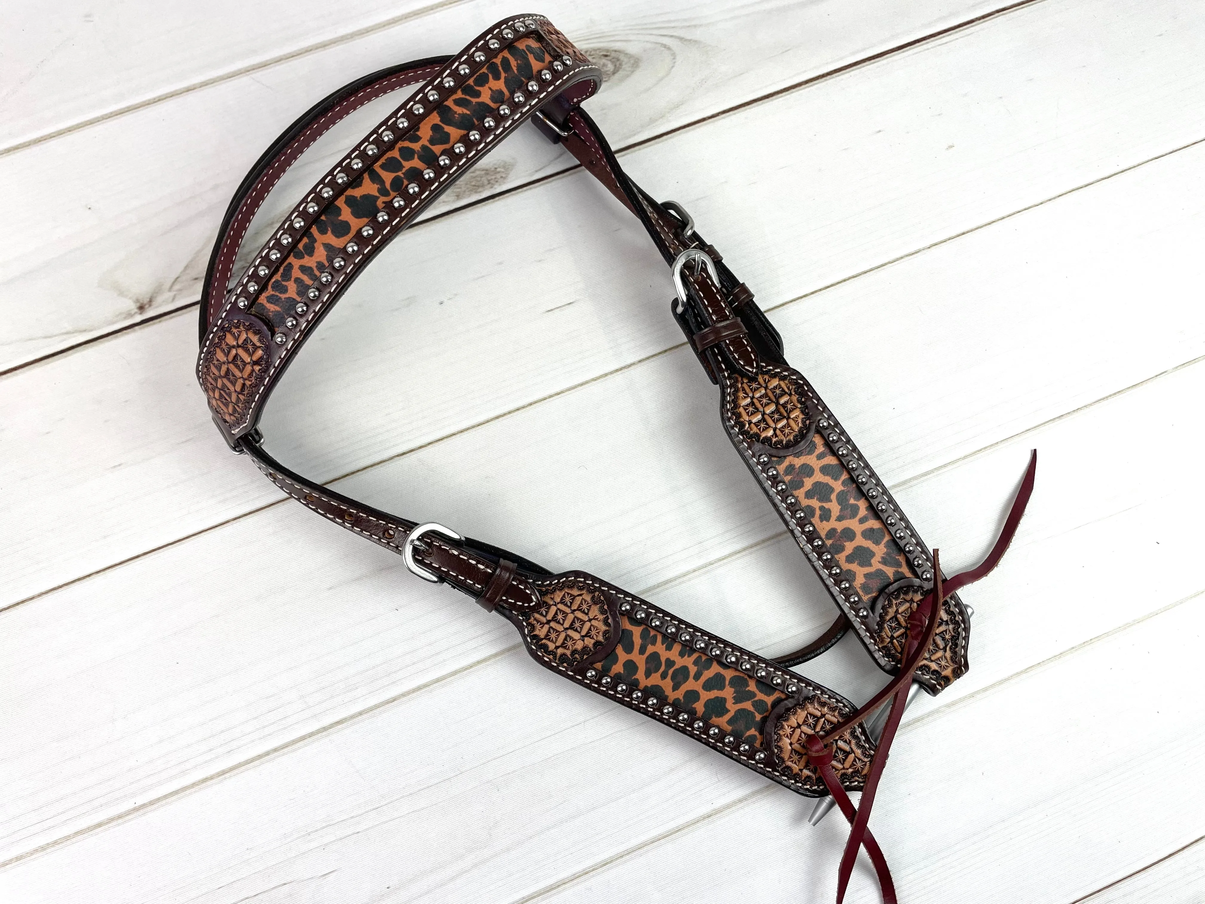 Sale!! Leopard Dark Leather Brow Band Headstall