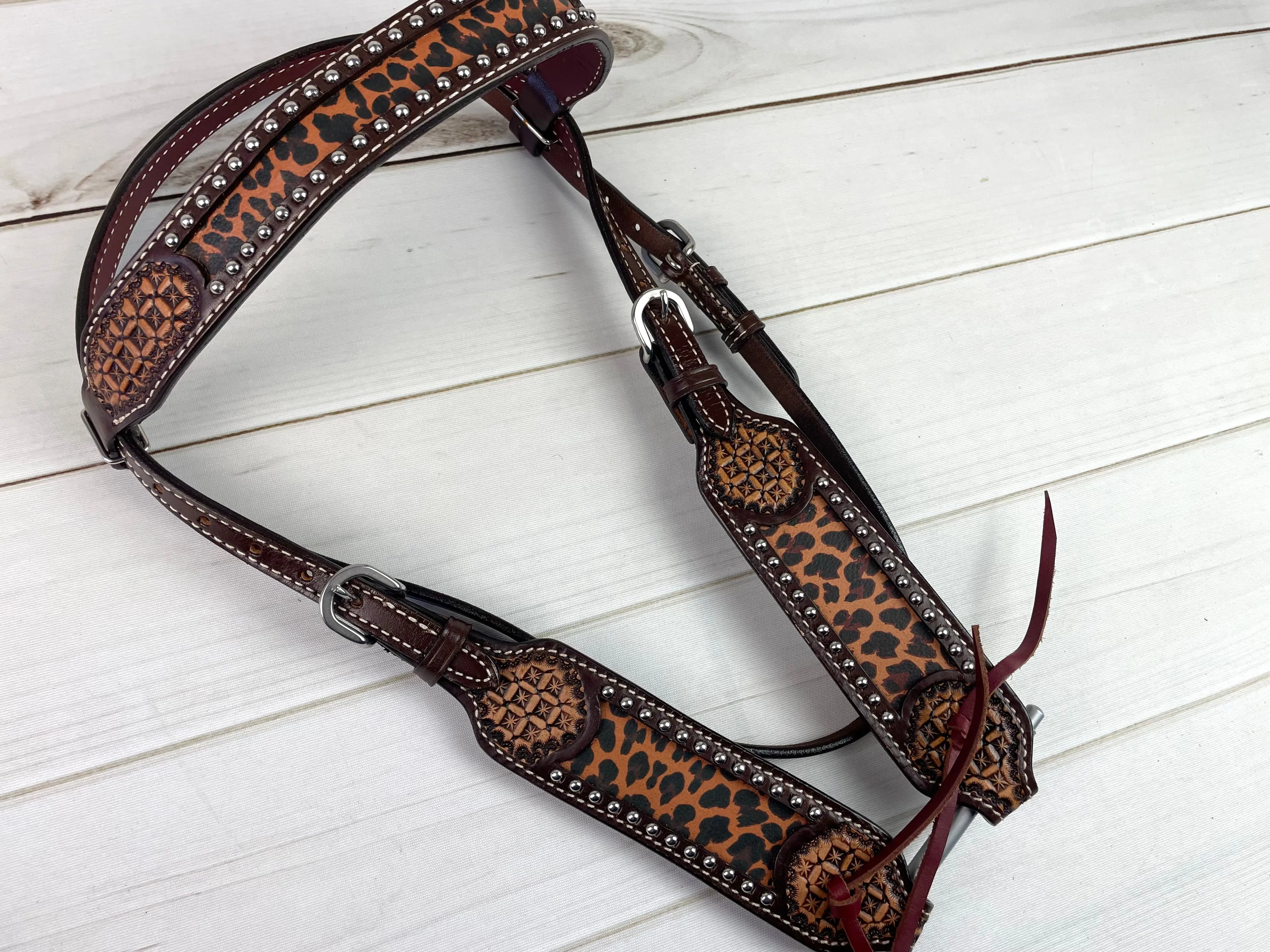 Sale!! Leopard Dark Leather Brow Band Headstall