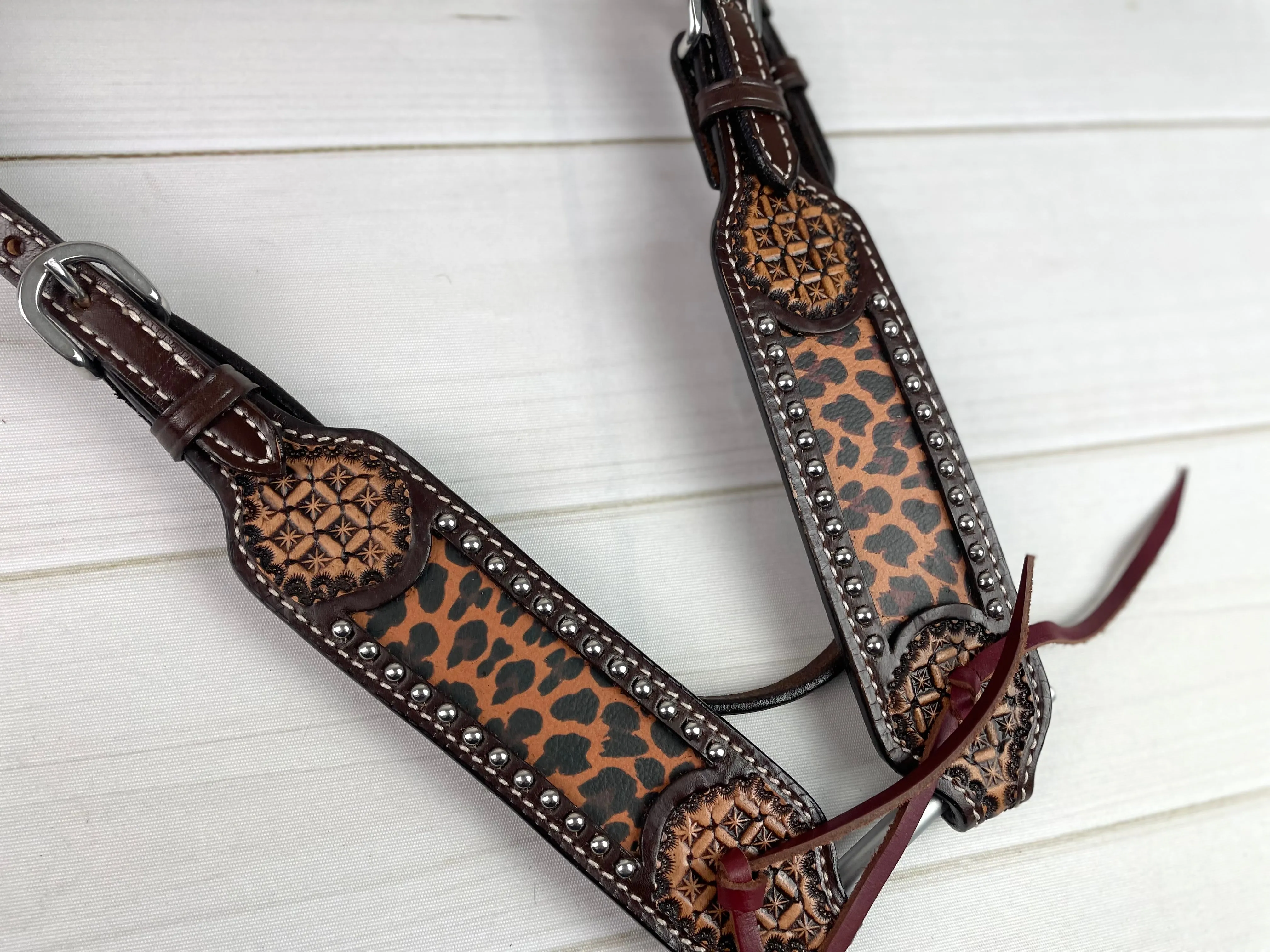 Sale!! Leopard Dark Leather Brow Band Headstall