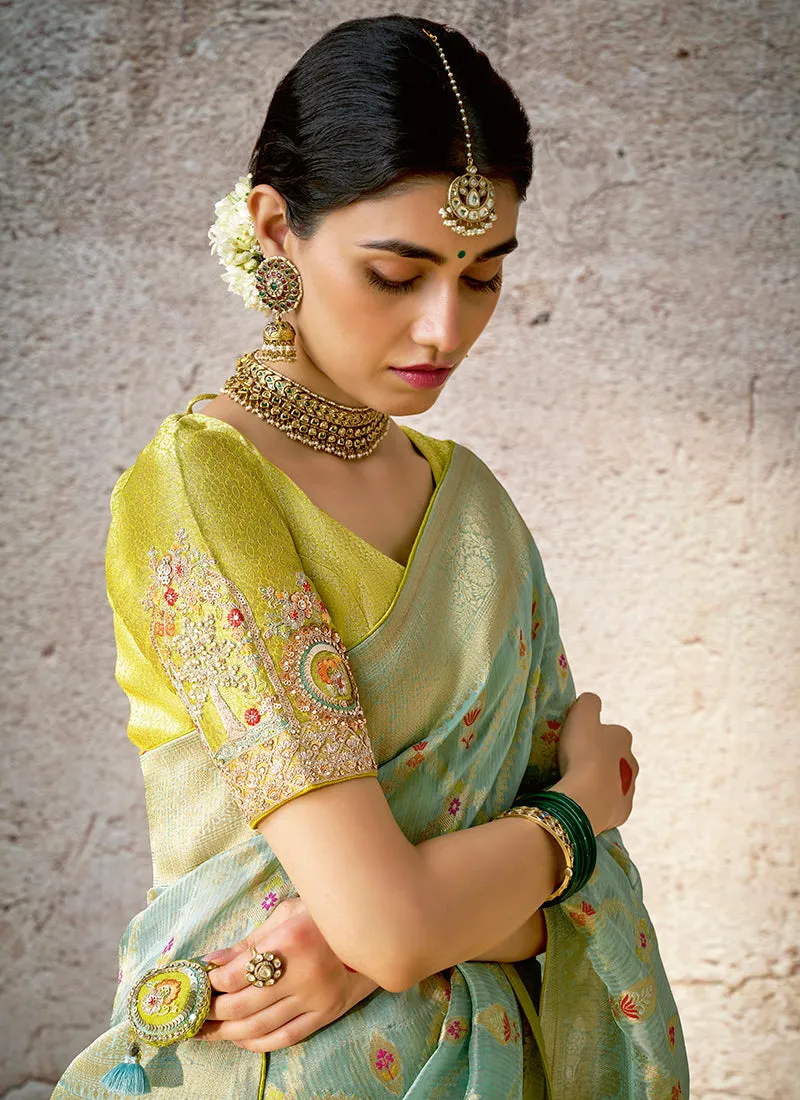Sea Green And Yellow Floral Kora Banarasi Silk Saree