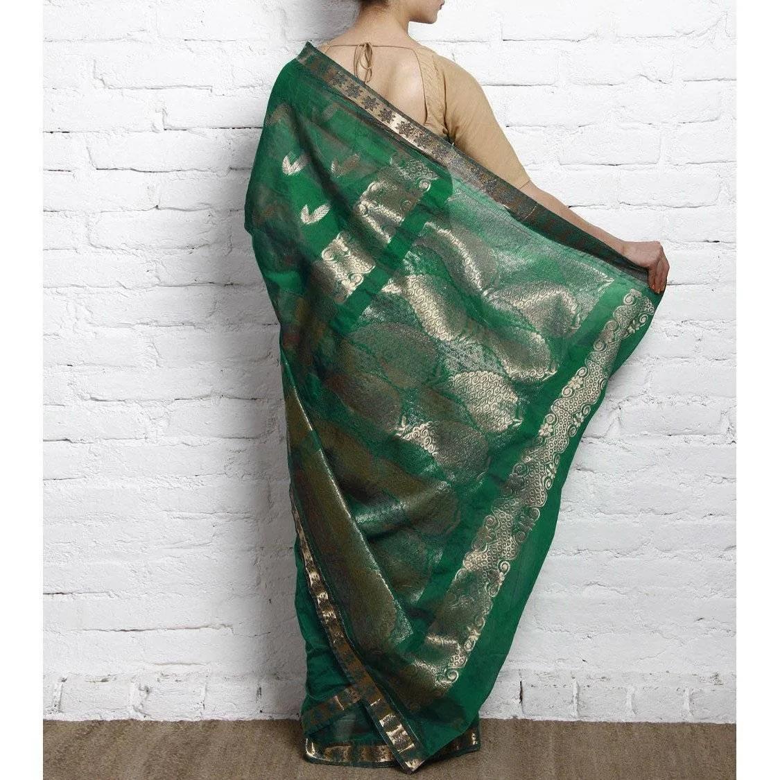 Sea Green Kora Cotton Saree with Zari Work