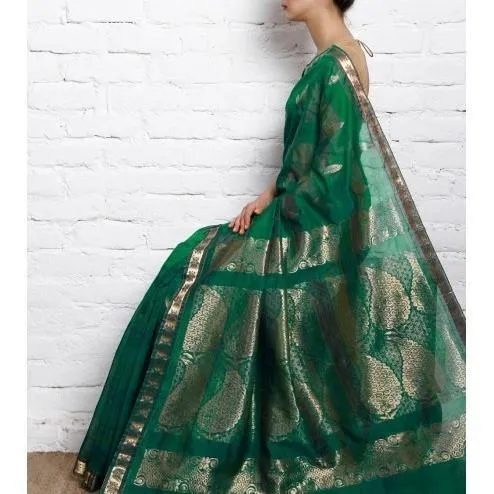 Sea Green Kora Cotton Saree with Zari Work