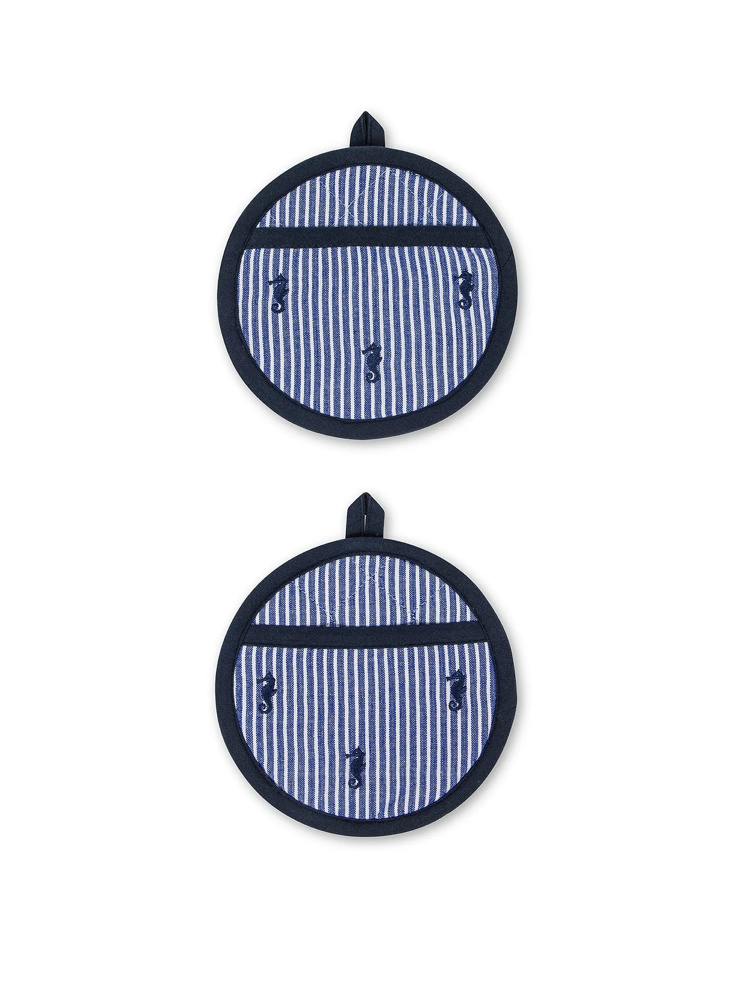 Set of 2 round pot holders with seahorse embroidery