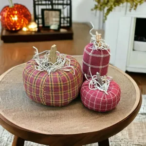 Set of 3 Burgundy Plaid Pumpkins with Spanish Moss on Top