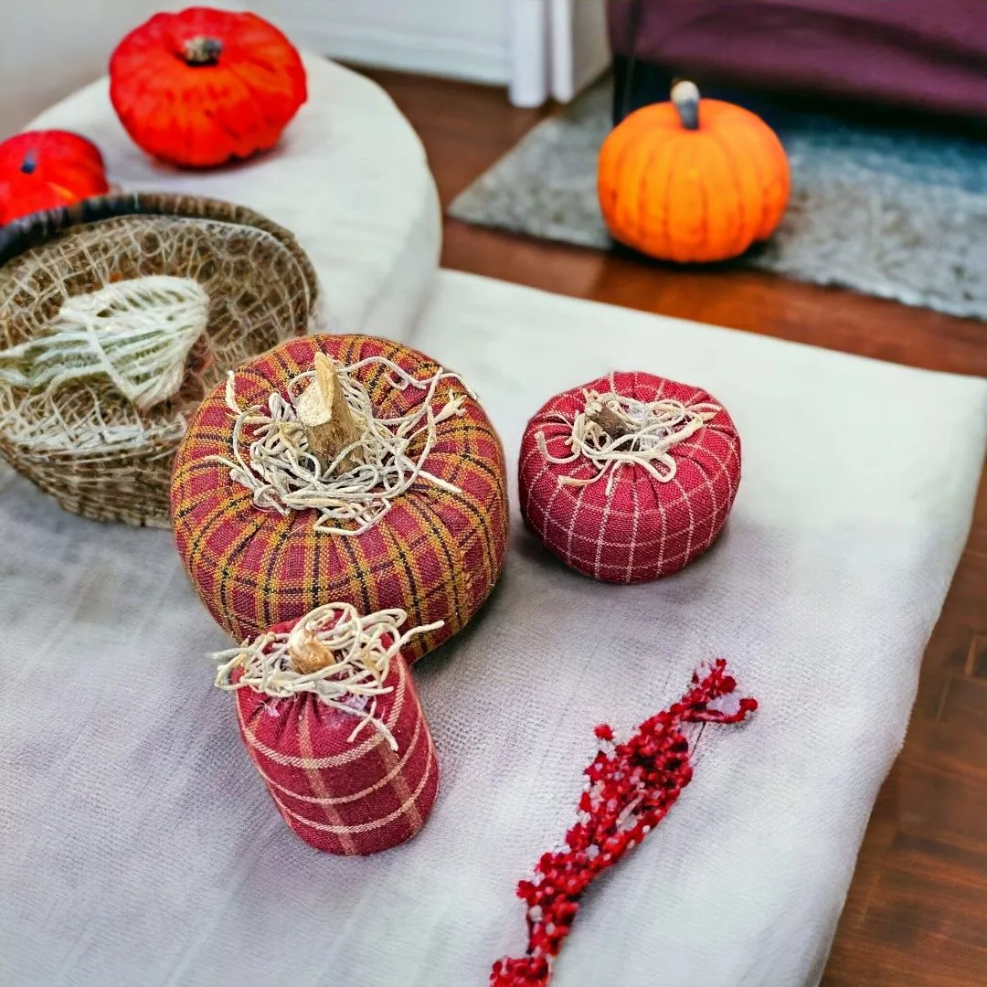 Set of 3 Burgundy Plaid Pumpkins with Spanish Moss on Top