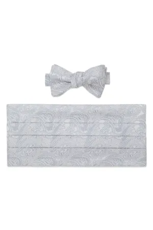 Silver and White Paisley Bow Tie & Cummerbund Set