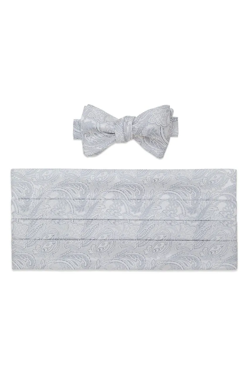 Silver and White Paisley Bow Tie & Cummerbund Set