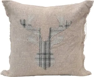 SQUARE LINEN BLEND PILLOW  PLAID DEER & FRAYED EDGE, GREY & NATURAL CUSHION
