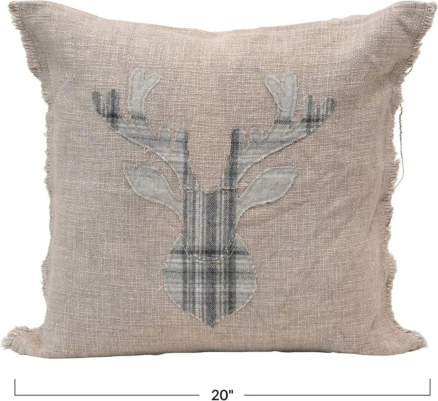 SQUARE LINEN BLEND PILLOW  PLAID DEER & FRAYED EDGE, GREY & NATURAL CUSHION