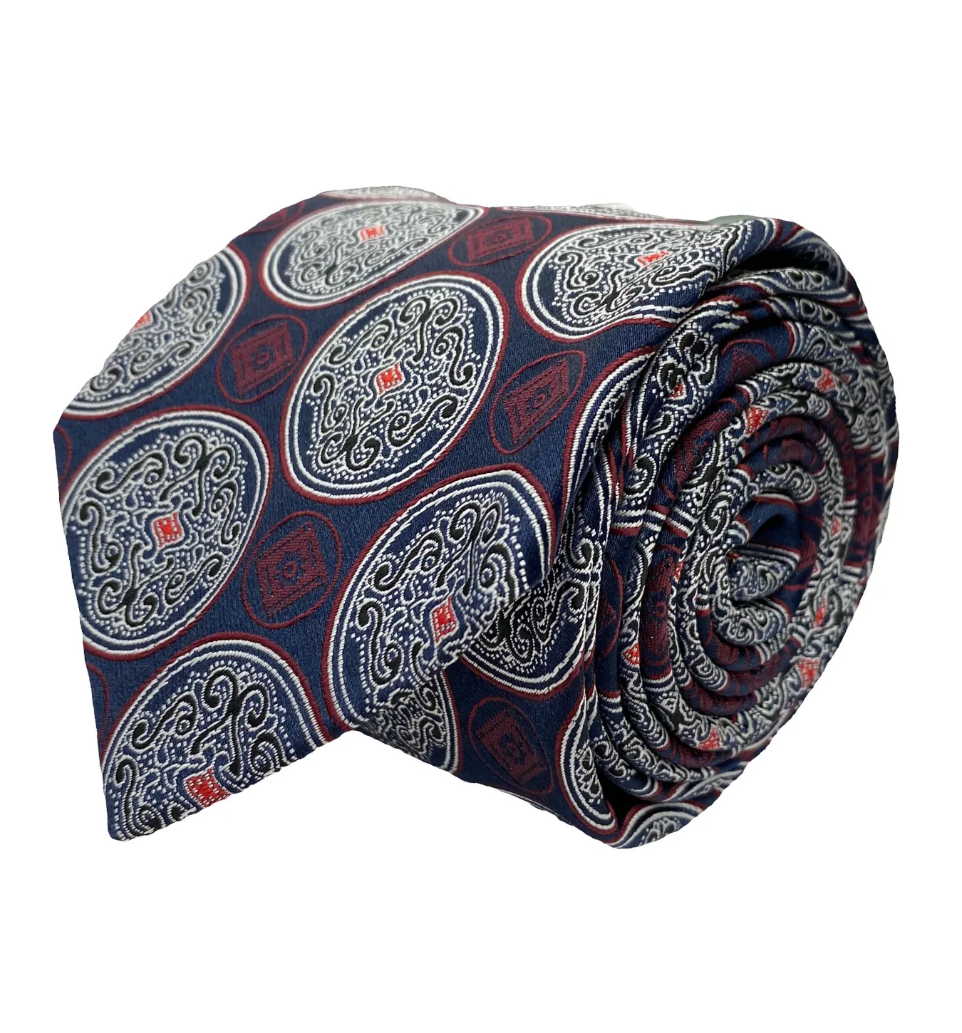 Stacy Adams Tie and Handkerchief - Navy and Maroon Medallion T1