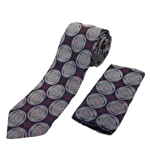 Stacy Adams Tie and Handkerchief - Navy and Maroon Medallion T1