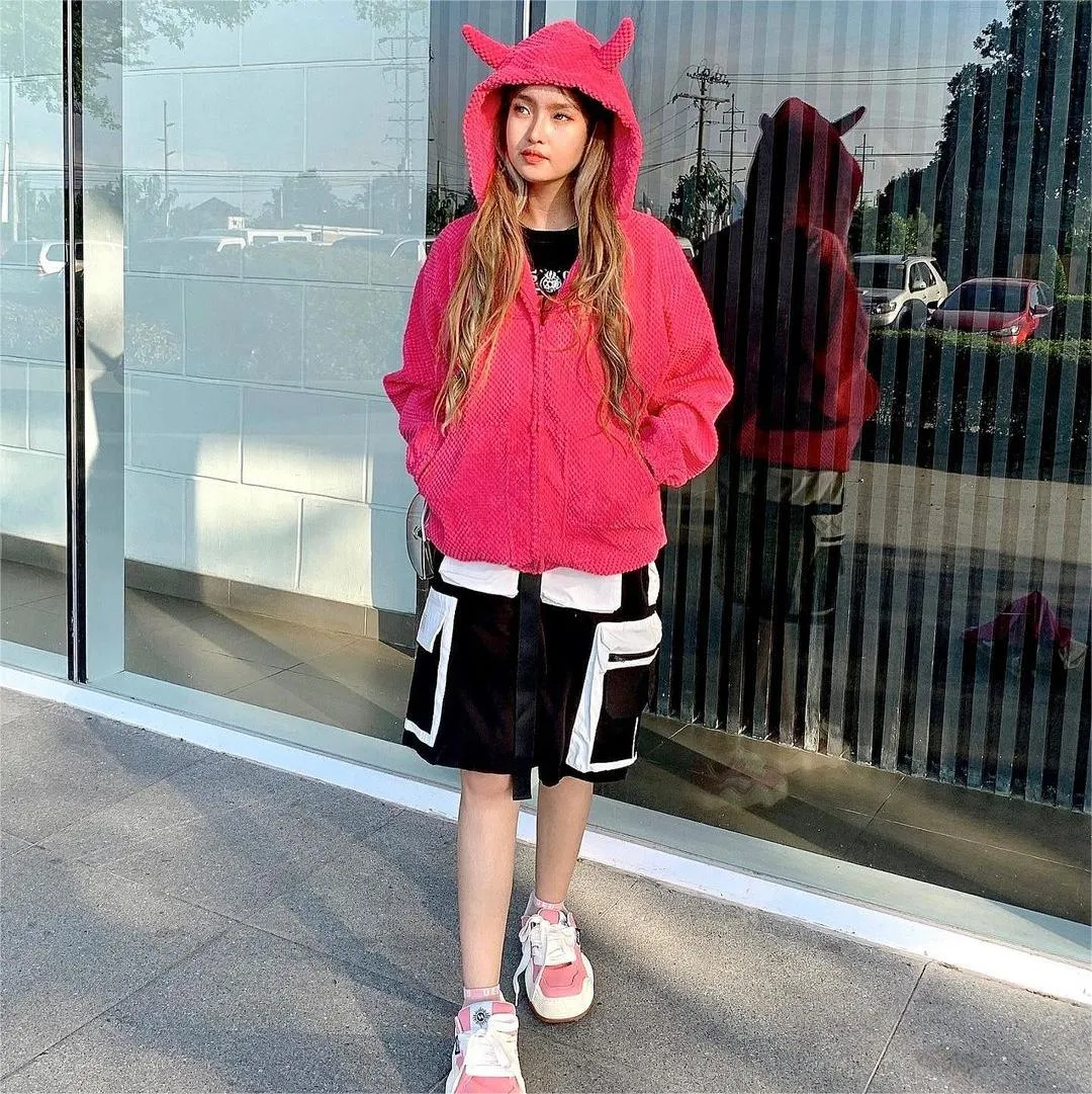 Street Little Devil Horn Solid Color Hoodie