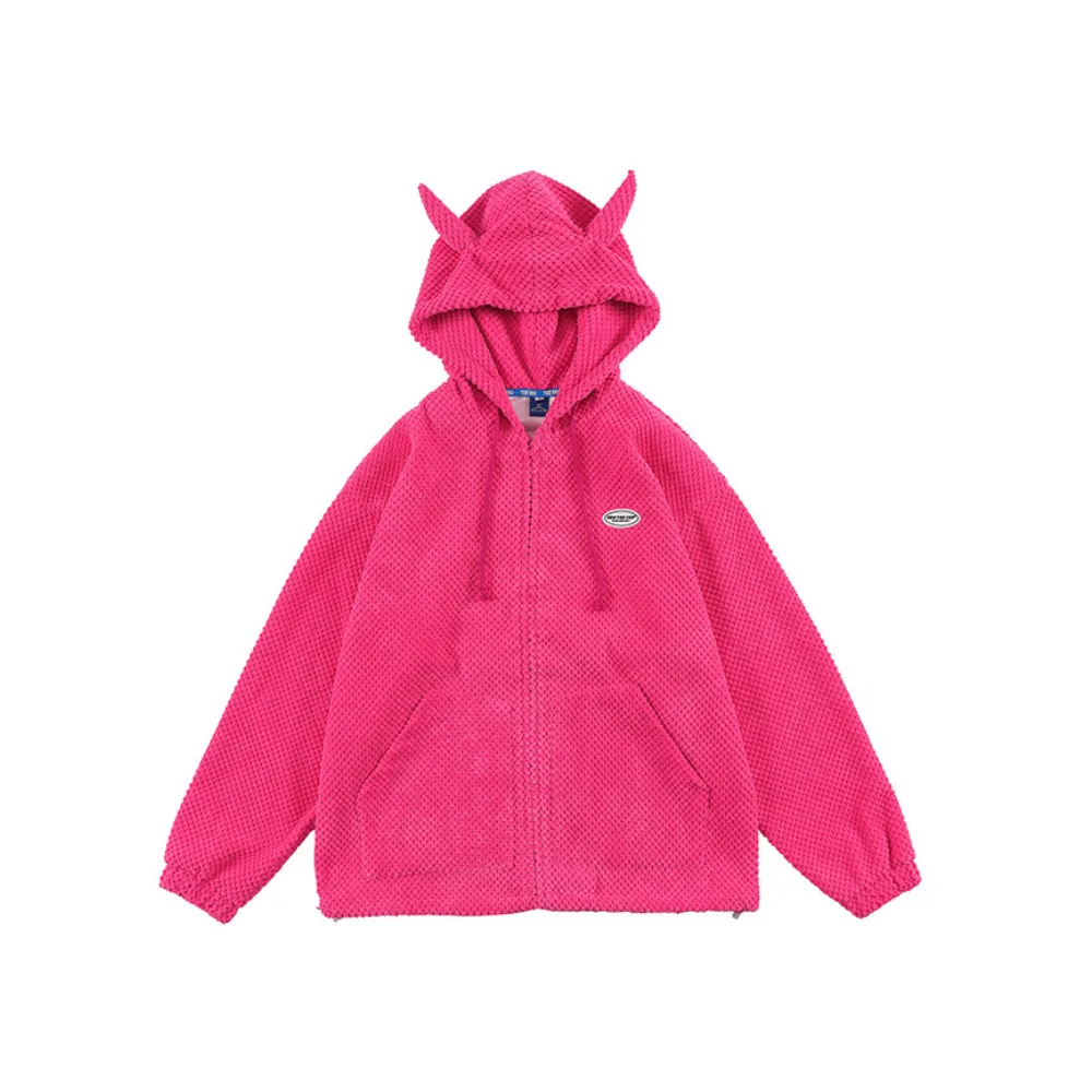 Street Little Devil Horn Solid Color Hoodie