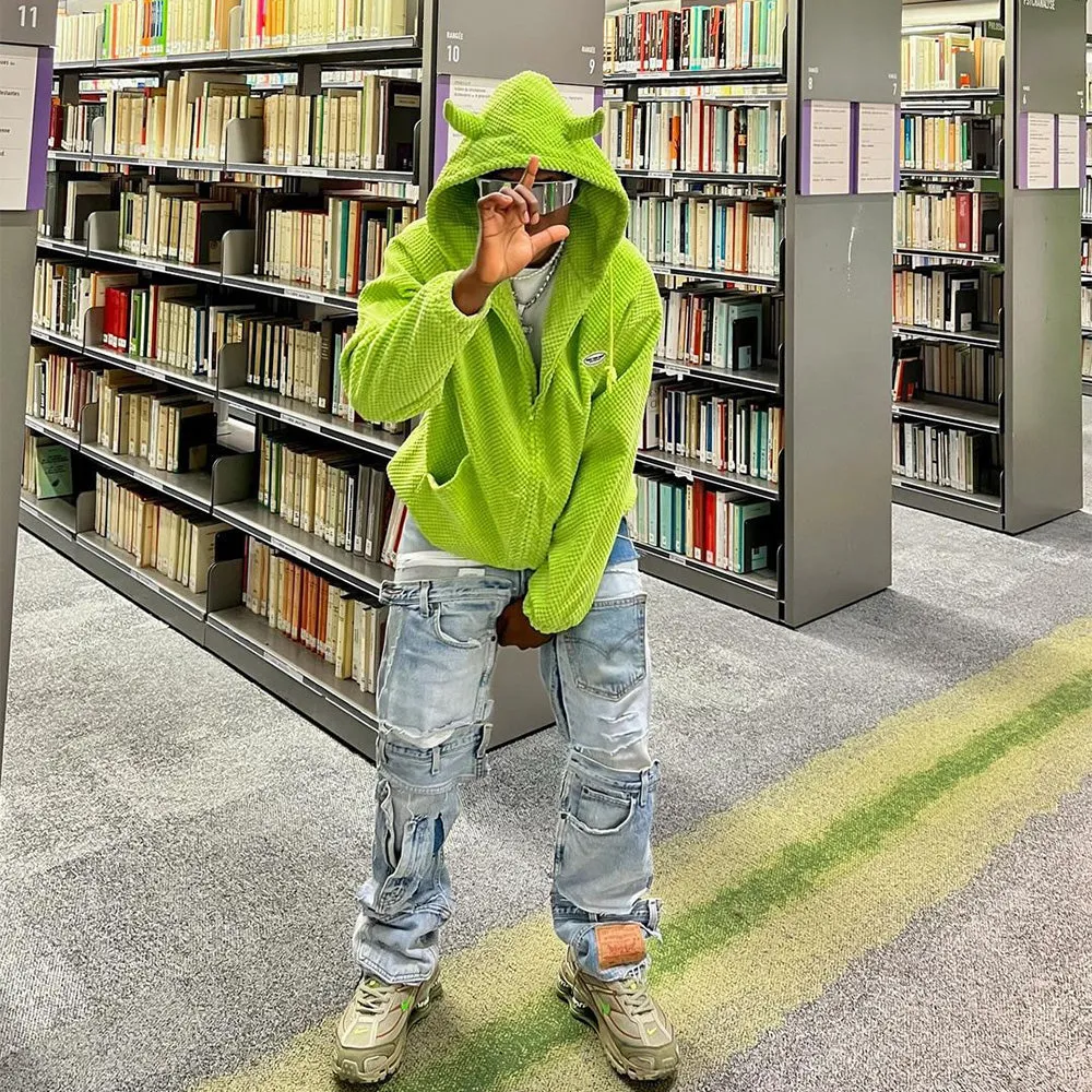 Street Little Devil Horn Solid Color Hoodie