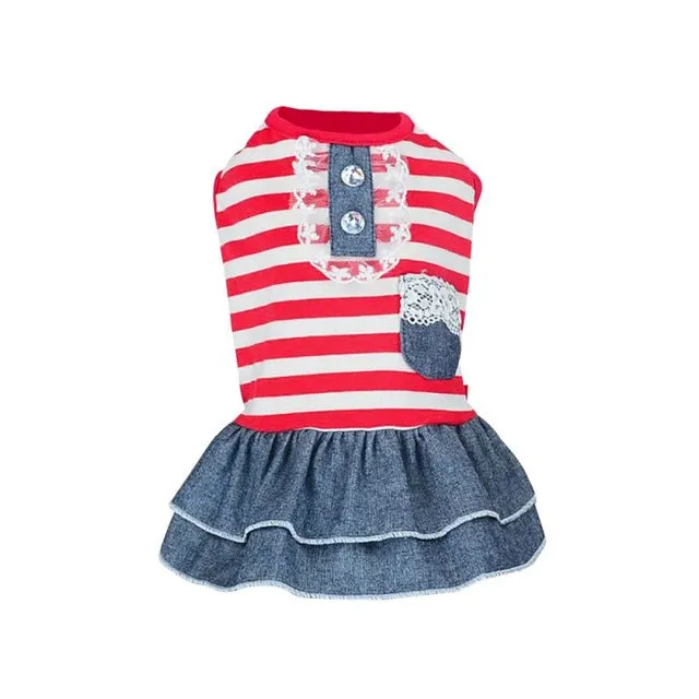 Summer Pet Dog Cute Clothes Costume Stripe Dress Tutu Denim Dress XS- XL Dog Wedding Dress
