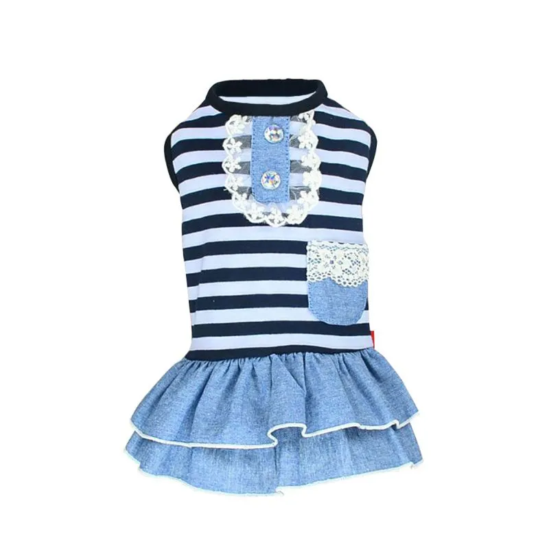 Summer Pet Dog Cute Clothes Costume Stripe Dress Tutu Denim Dress XS- XL Dog Wedding Dress