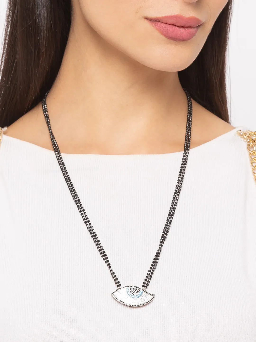 The Evil Eye Necklace Long Silver Mangalsutra Design Brass Silver Plated AD Pendant मंगळसूत्र (25 Inch)