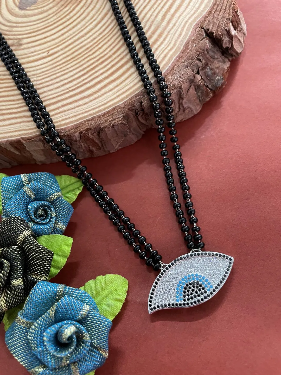 The Evil Eye Necklace Long Silver Mangalsutra Design Brass Silver Plated AD Pendant मंगळसूत्र (25 Inch)
