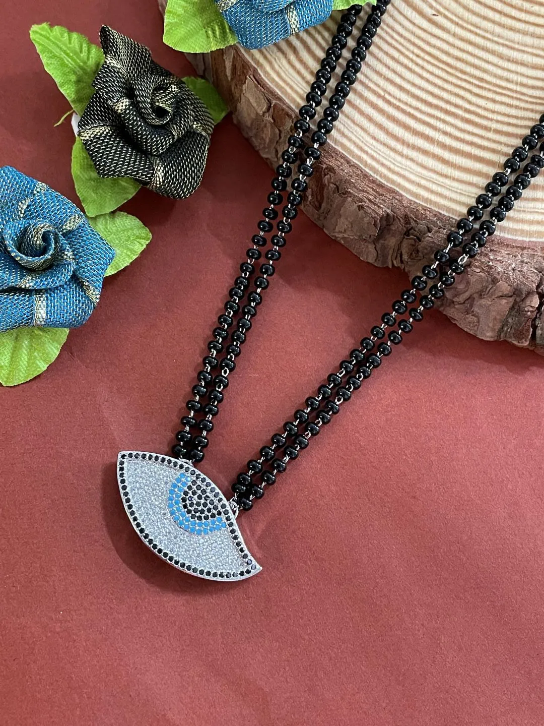 The Evil Eye Necklace Long Silver Mangalsutra Design Brass Silver Plated AD Pendant मंगळसूत्र (25 Inch)