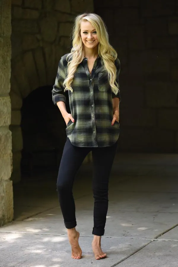 Traditional Olive & Black Plaid Top