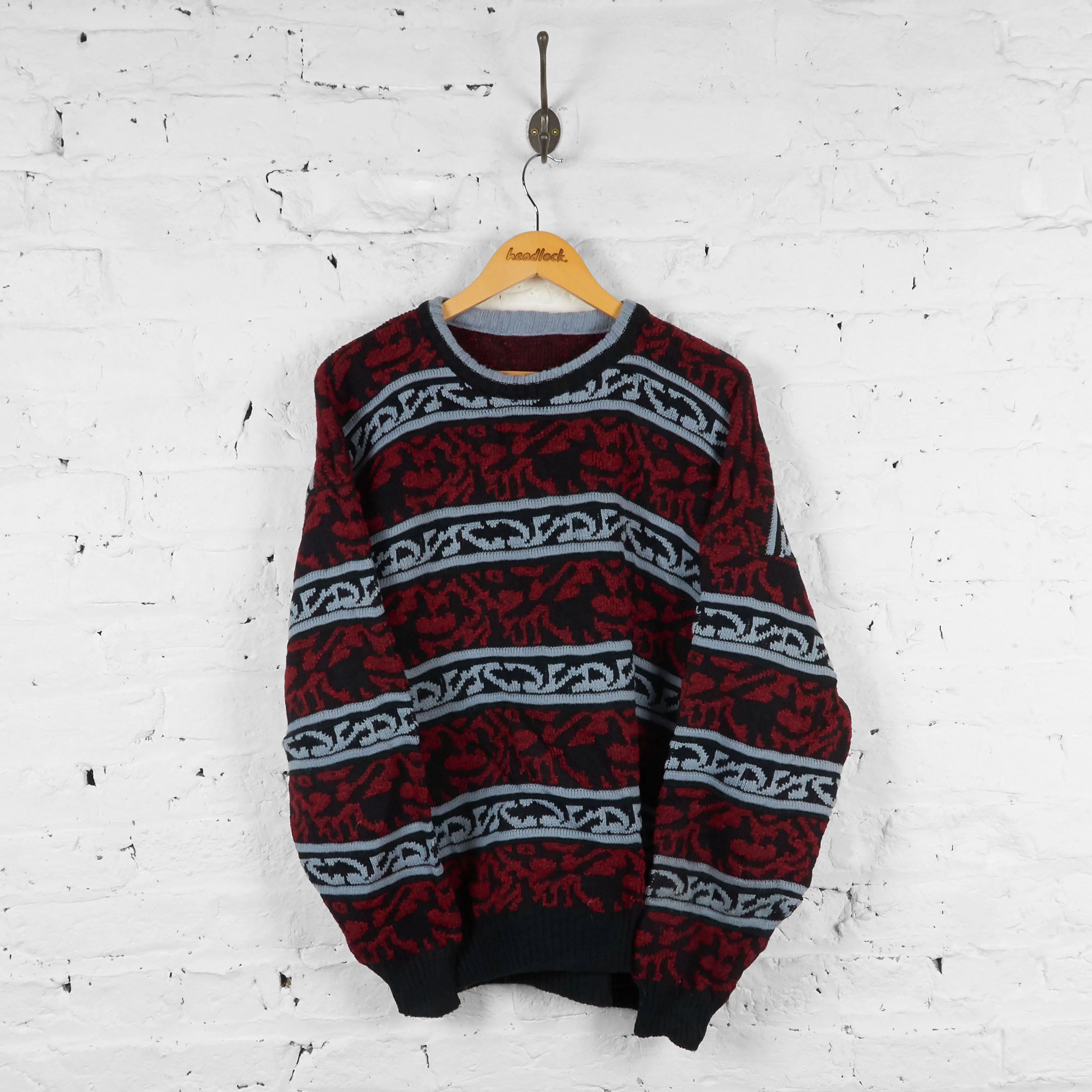 Vintage Pattern Knit Jumper - Red/Black - M