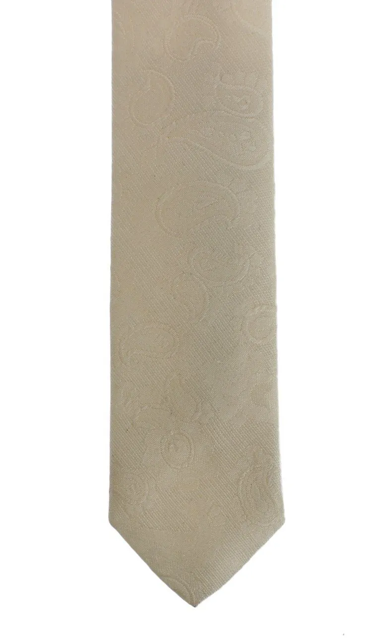 White Paisley Pattern Silk Skinny Tie
